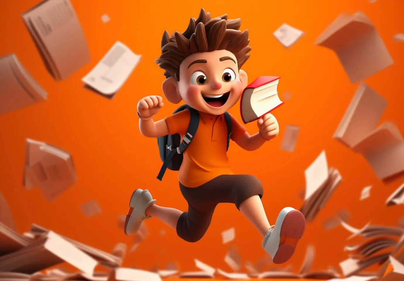 Cartoonfigur eines Jungen, die mit Büchern rennt.